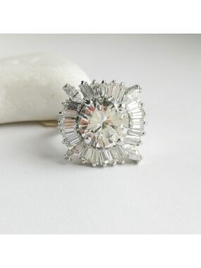 Vintage inspired 4ct CZ ring 14k white gold overlay size 5 🆕
